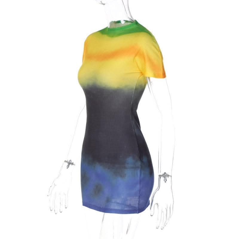 Tie dye contrast short sleeve crewneck mini dress- Final Sale-final-sale  | Festival Outfits Women