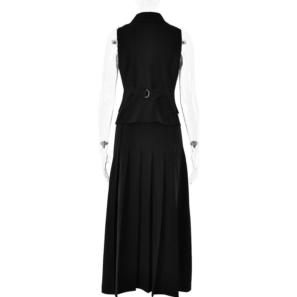 Sleeveless turnover collar button pleated maxi skirt set  | Festival Outfits Women