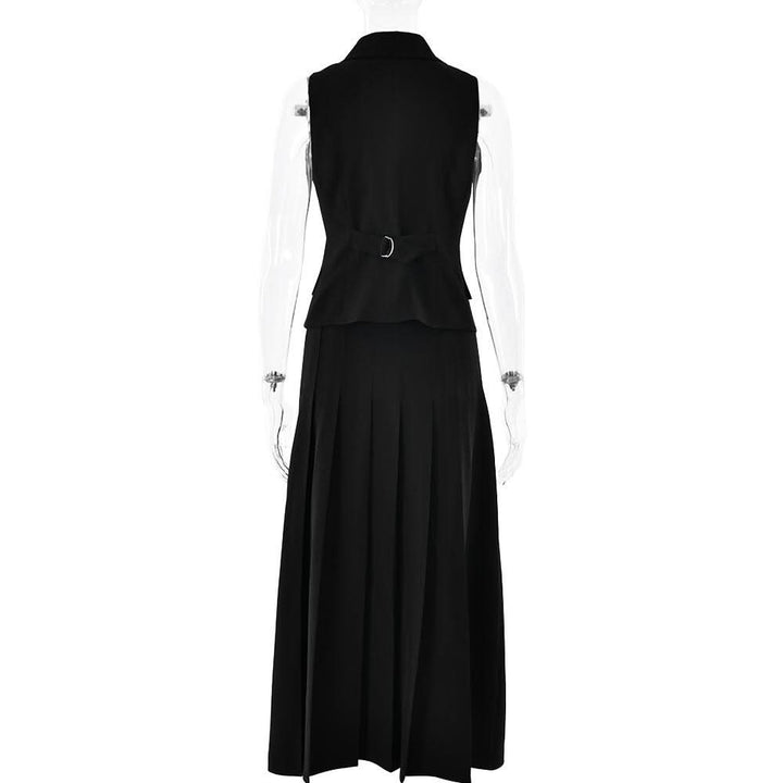 Sleeveless turnover collar button pleated maxi skirt set  | Festival Outfits Women