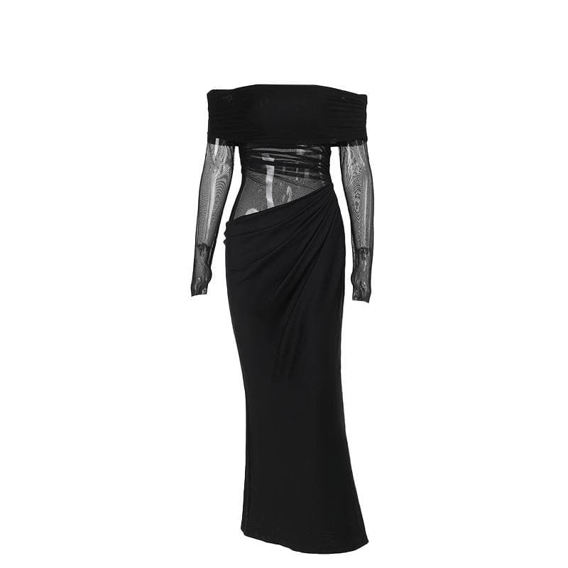 Long sleeve off shoulder mesh ruched maxi dress  | Festival Outfits Women