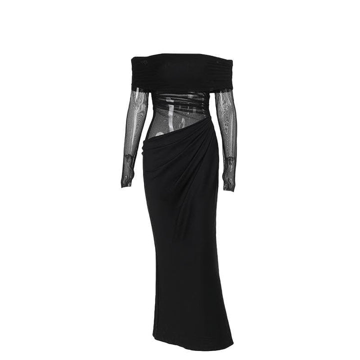 Long sleeve off shoulder mesh ruched maxi dress  | Festival Outfits Women