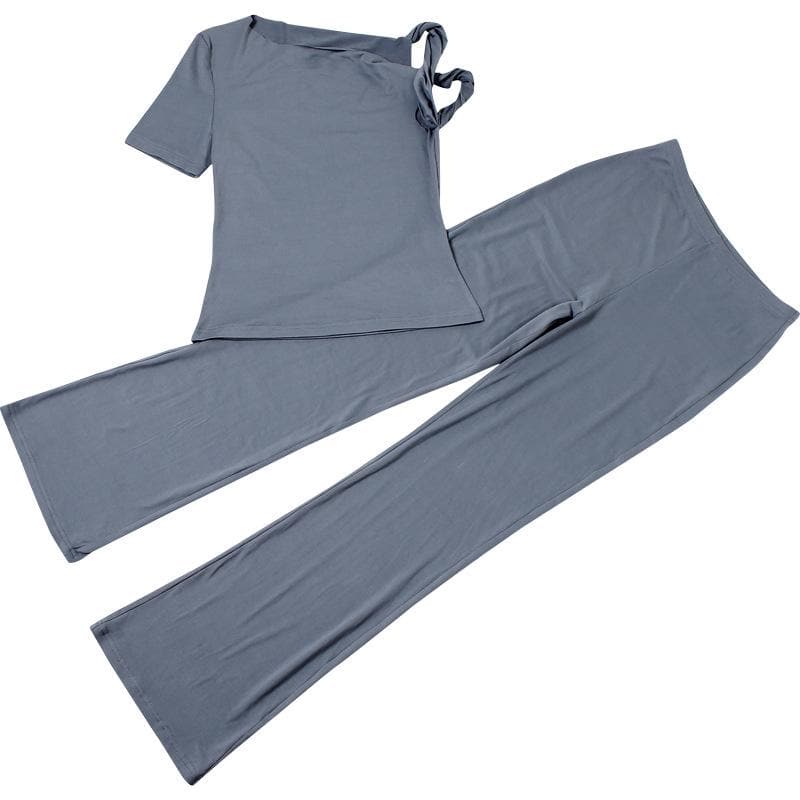 Short sleeve irregular crewneck solid pant set  | Festival Outfits Women