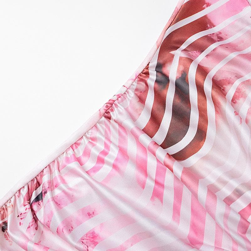 V neck ruffle ruched print backless cami mini dress  | Festival Outfits Women