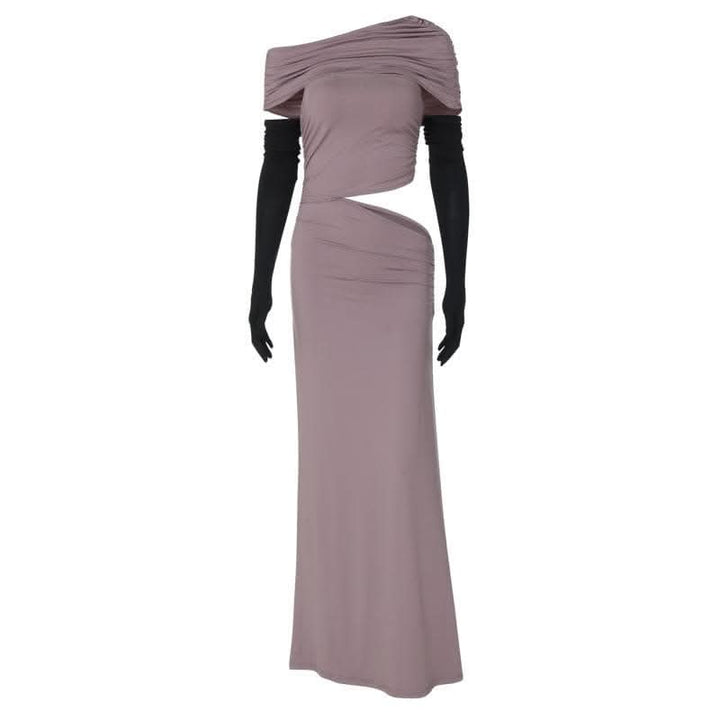 One shoulder gloves ruched hollow out cut out maxi dress-final-sale  | Festival Outfits Women