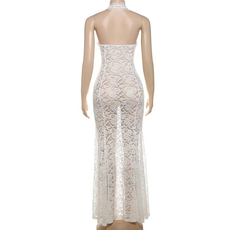 Halter lace see through hollow out cut out maxi dress  | Festival Outfits Women