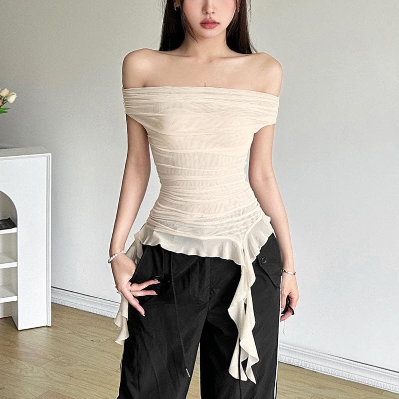Off shoulder sheer mesh ruffle top  | Festival Outfits Women
