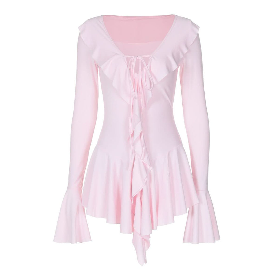 V neck long flared sleeve self tie ruffle mini dress  | Festival Outfits Women