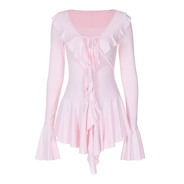 V neck long flared sleeve self tie ruffle mini dress  | Festival Outfits Women
