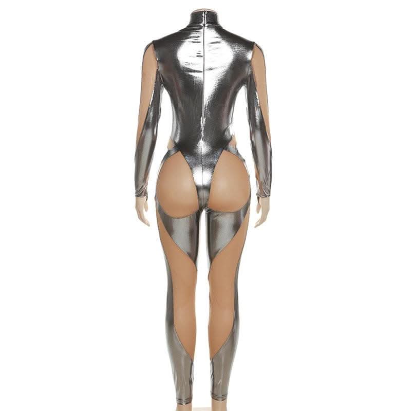 Metallic zip-up long sleeve gloves mesh patchwork high neck jumpsuit-final-sale