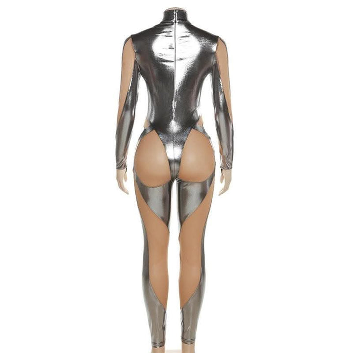 Metallic zip-up long sleeve gloves mesh patchwork high neck jumpsuit-final-sale