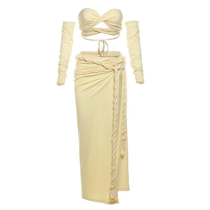 Gloves one shoulder high slit self tie maxi skirt set-final-sale  | Festival Outfits Women
