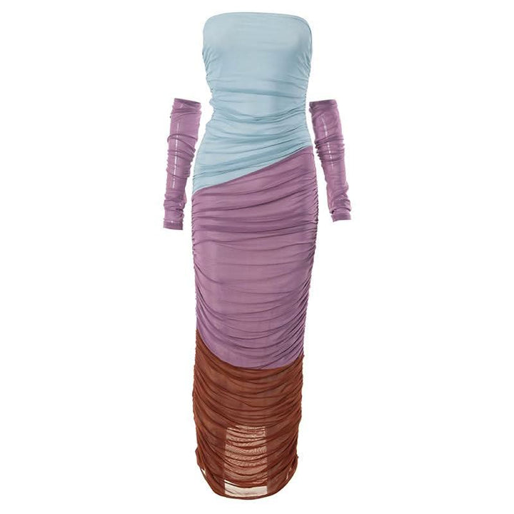 Mesh ruched contrast patchwork off shoulder maxi tube dress-final-sale  | Festival Outfits Women