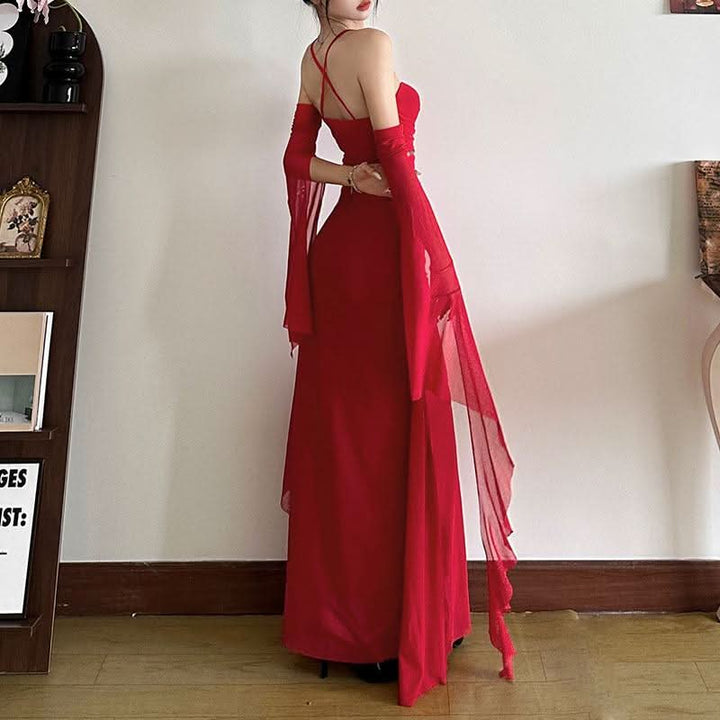 Cross back ruched gloves mesh cami maxi dress  | Festival Outfits Women