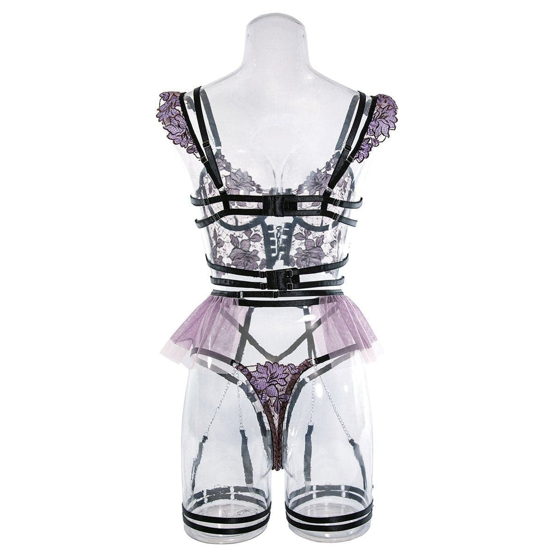 Embroidery metal chain mesh garter lingerie set  | Festival Outfits Women