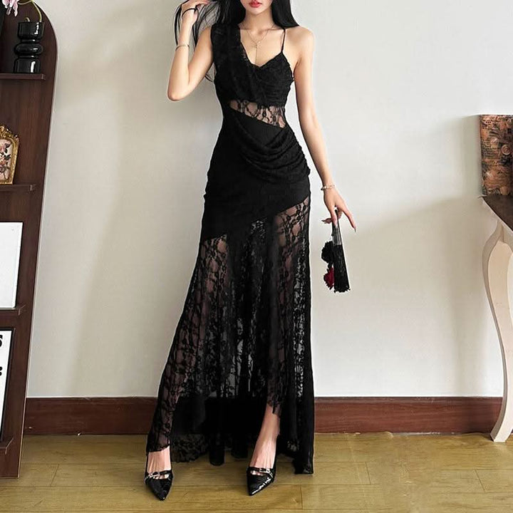 Irregular lace ruched solid cami maxi dress-final-sale
