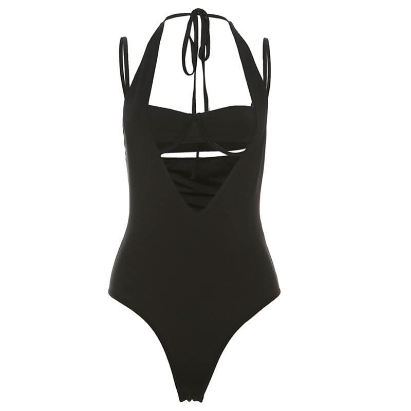 Halter v neck hollow out 2 piece cami bodysuit-final-sale