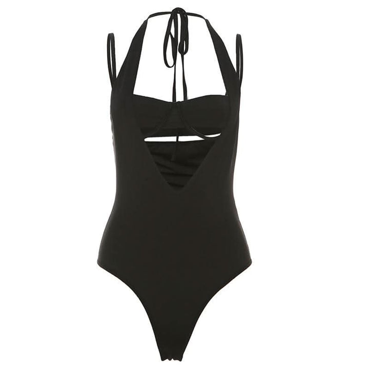 Halter v neck hollow out 2 piece cami bodysuit-final-sale