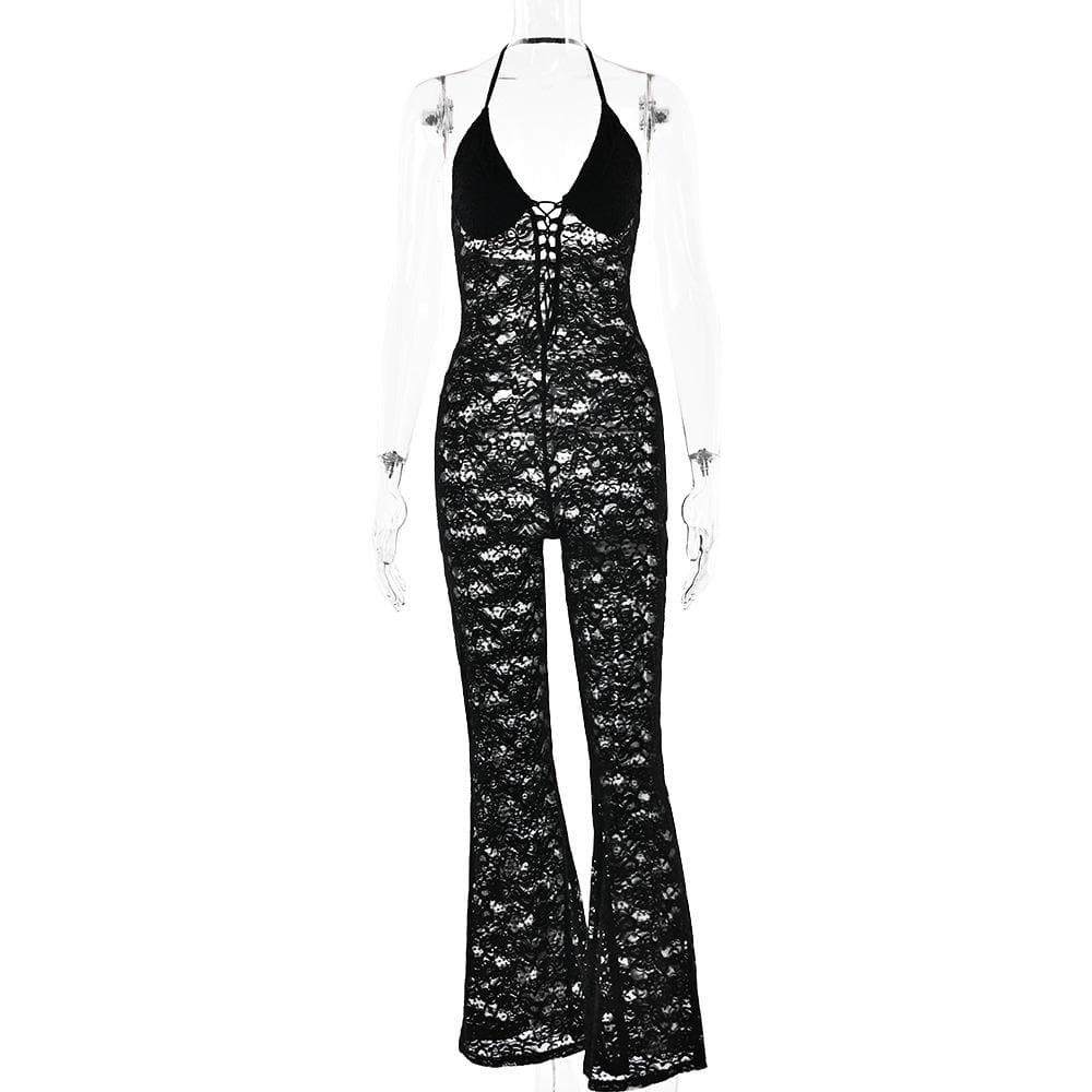 Halter lace lace up see through jumpsuit  | Festival Outfits Women