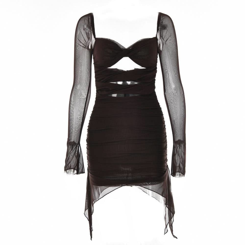 Long sleeve solid hollow out slit mesh ruched zip-up backless cut out mini dress-final-sale  | Festival Outfits Women