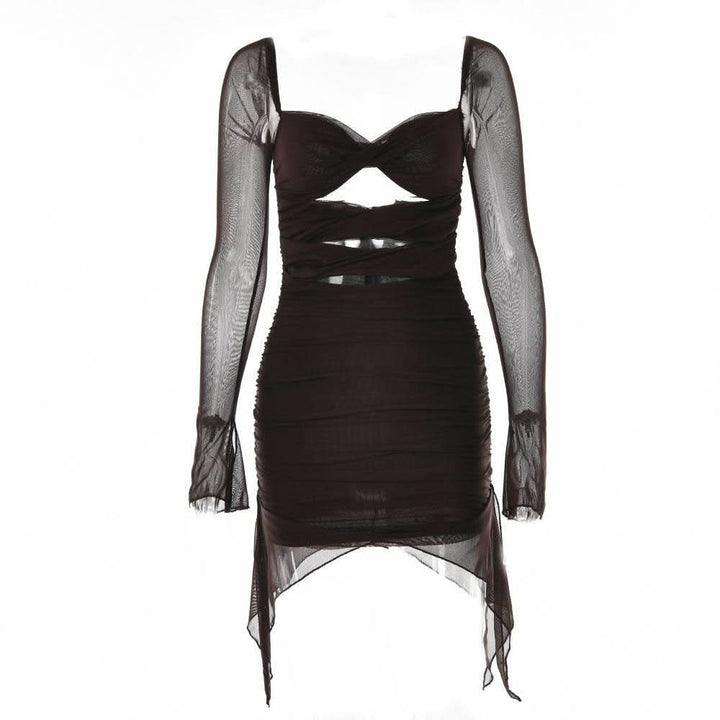 Long sleeve solid hollow out slit mesh ruched zip-up backless cut out mini dress-final-sale  | Festival Outfits Women