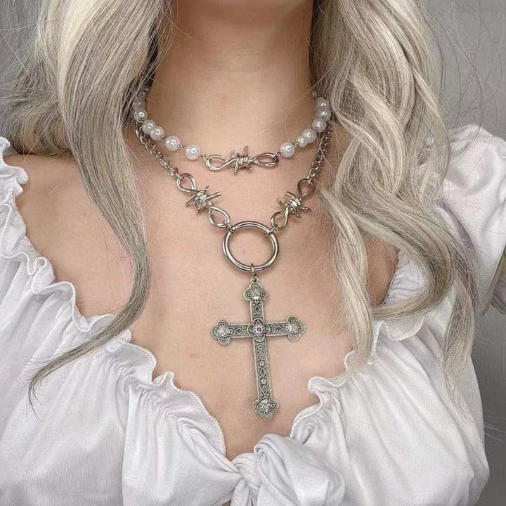 Faux pearl 2 pcs cross pendant choker necklace  | Festival Outfits Women