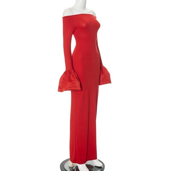 Long flared sleeve off shoulder ruched slit maxi dress-final-sale  | Festival Outfits Women