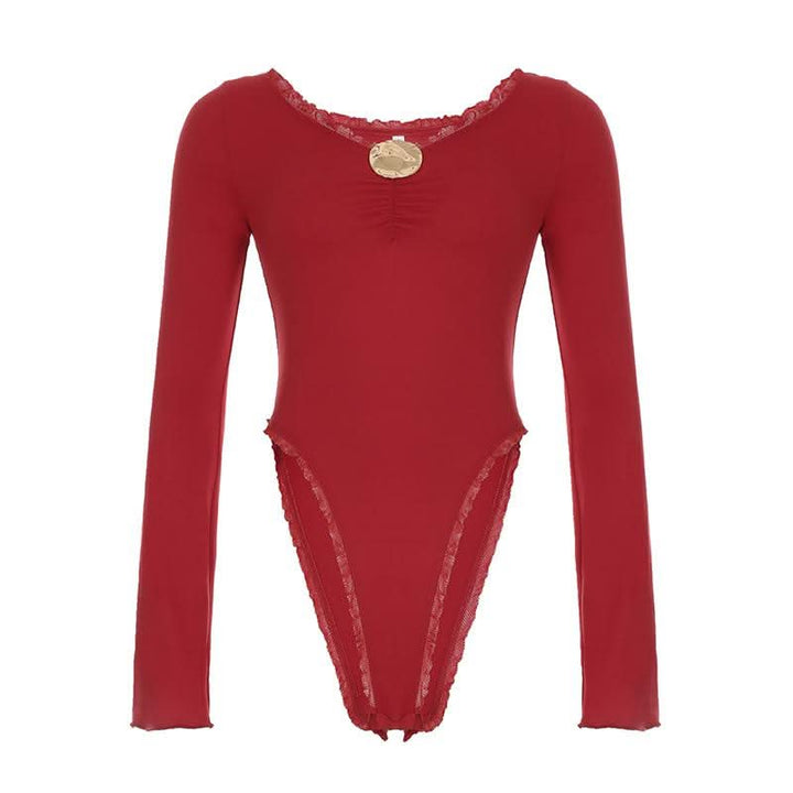 Ruched long sleeve v neck button ruffle bodysuit  | Festival Outfits Women