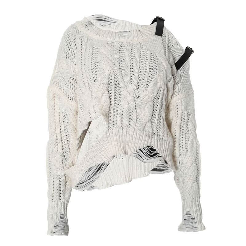 Long sleeve buckle knitted hollow out cut out top  | Festival Outfits Women-final-sale