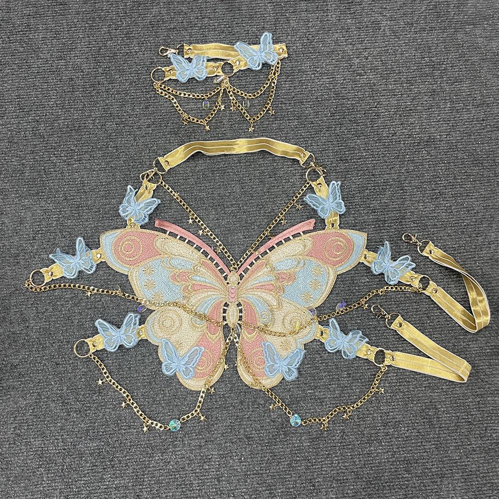 Butterfly embroidery metal chain halter top with choker  | Festival Outfits Women