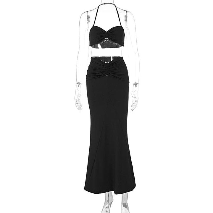 Halter sweetheart neck ruched maxi skirt set  | Festival Outfits Women