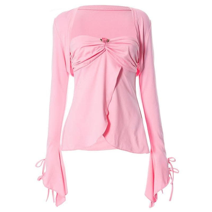 Long sleeve self tie ruched flower applique ruffle solid mini skirt set-final-sale  | Festival Outfits Women