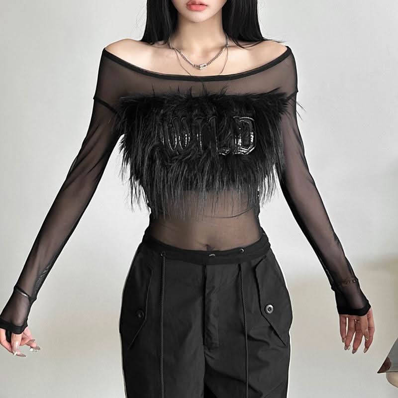 Long sleeve off shoulder feather letter embroidery top  | Festival Outfits Women