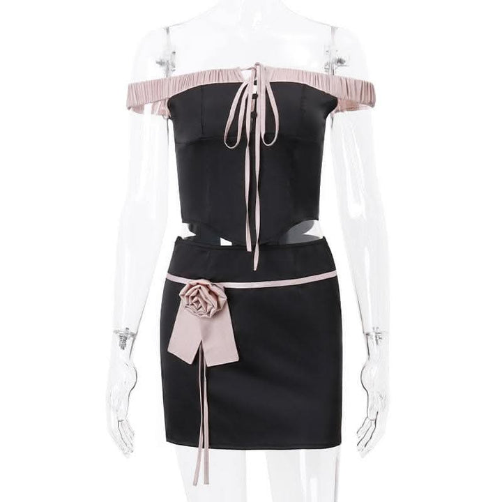 Off shoulder self tie flower applique zip-up button mini skirt set-final-sale  | Festival Outfits Women