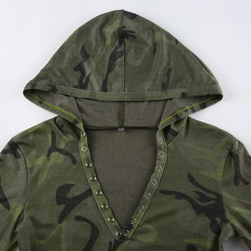 Camouflage contrast hoodie button long sleeve top-final-sale  | Festival Outfits Women