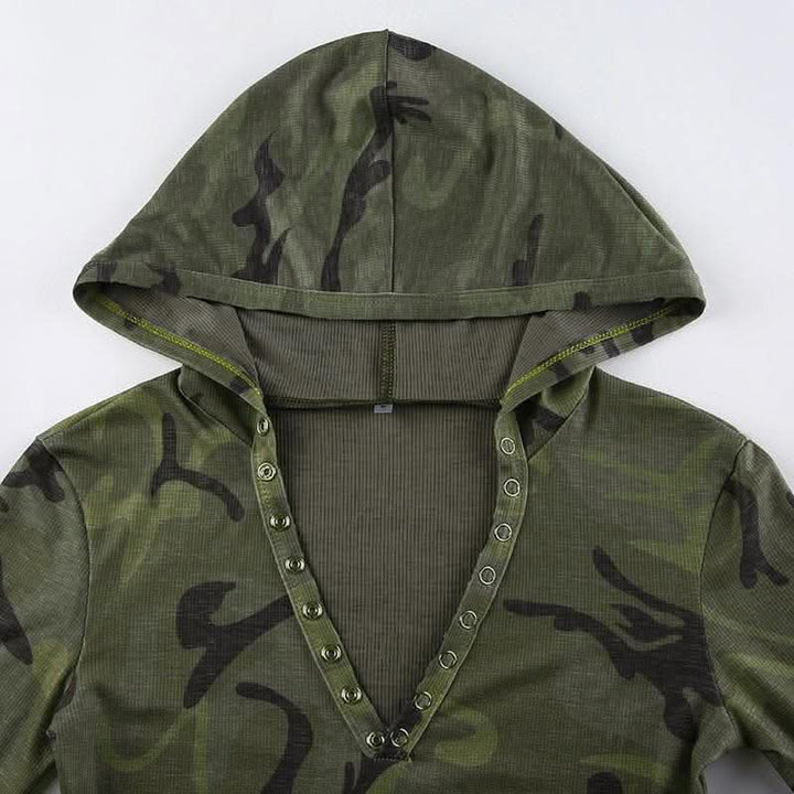 Camouflage contrast hoodie button long sleeve top-final-sale  | Festival Outfits Women