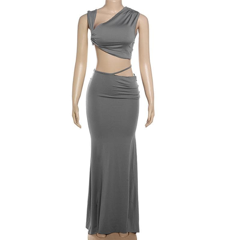 Ruched irregular solid crop maxi skirt set-final-sale  | Festival Outfits Women