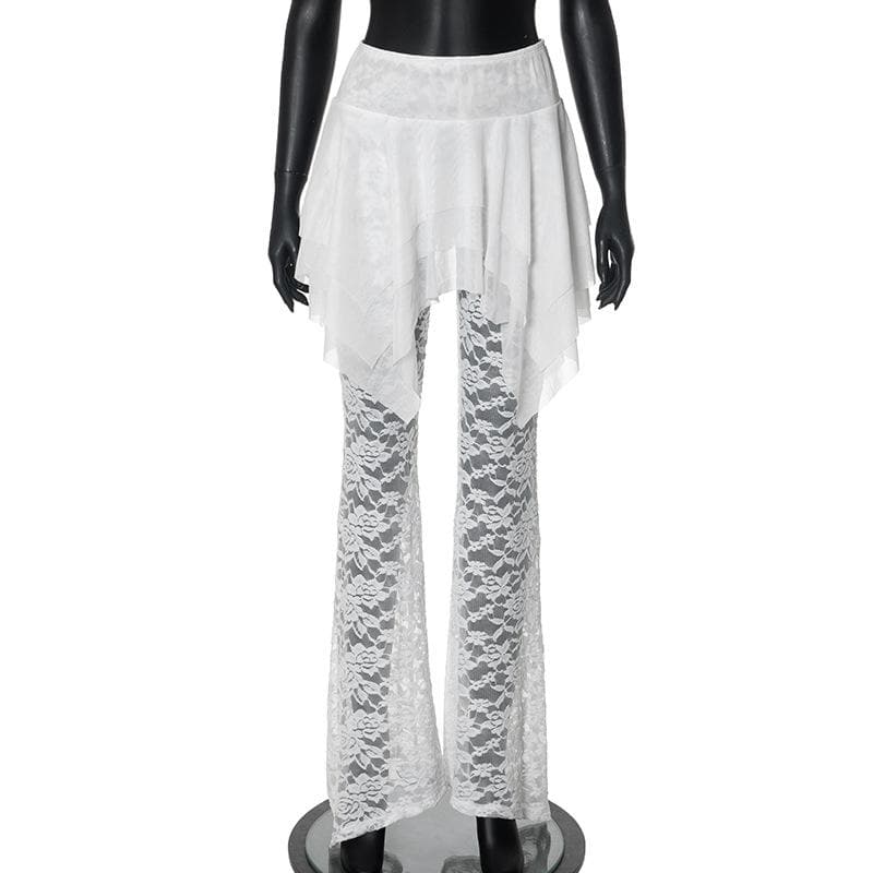 Ruched lace ruffle solid high rise pant-final-sale