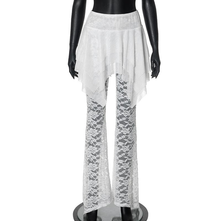 Ruched lace ruffle solid high rise pant-final-sale
