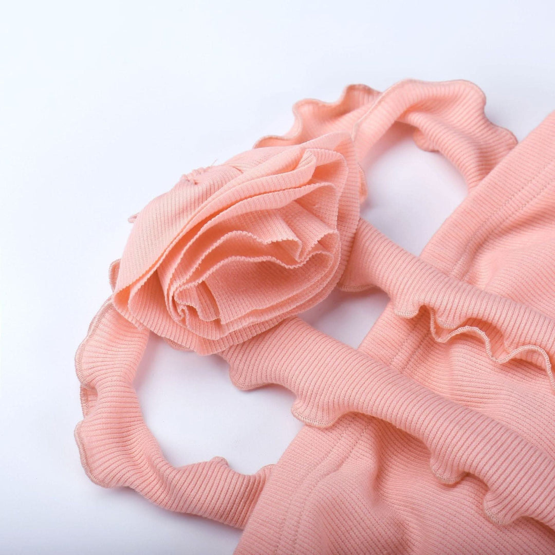 Ribbed solid slit flower applique ribbon ruffle midi dress-final-sale  | Festival Outfits Women