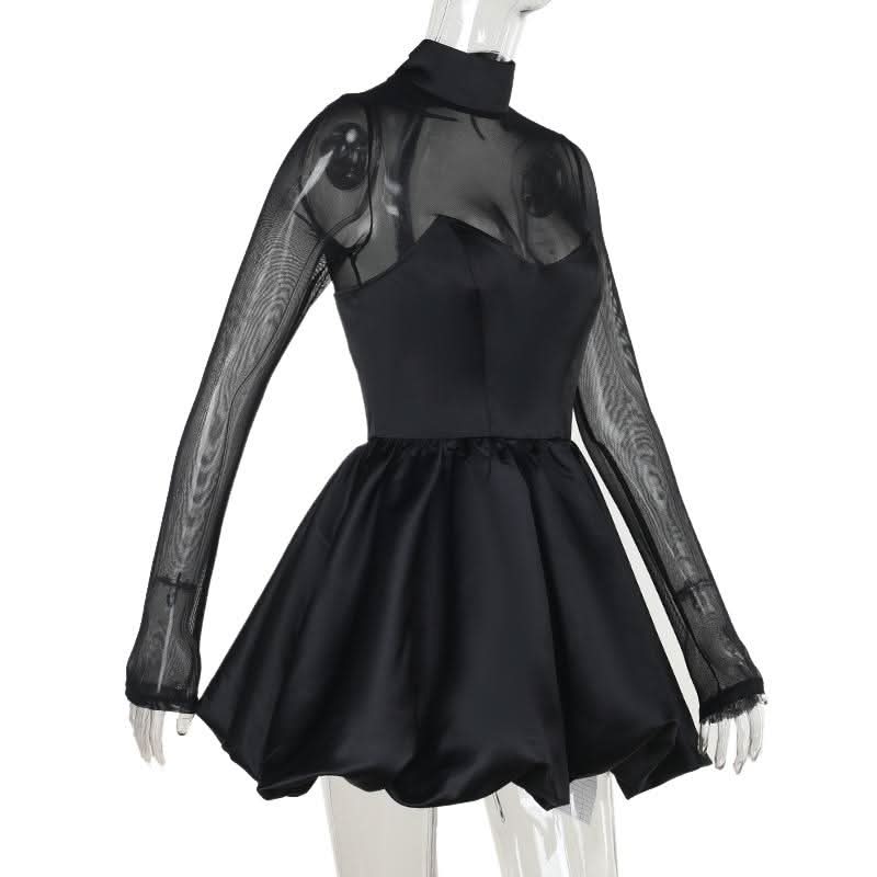 Long sleeve high neck zip-up mesh patchwork mini dress  | Festival Outfits Women