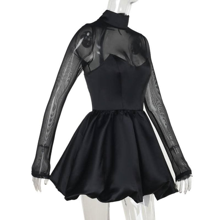 Long sleeve high neck zip-up mesh patchwork mini dress  | Festival Outfits Women
