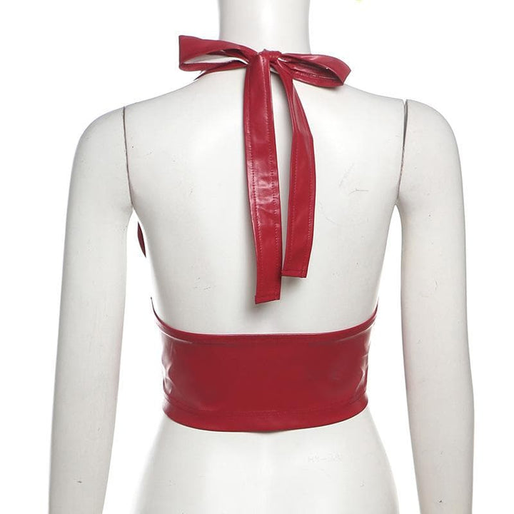 Halter PU leather V neck corset button top  | Festival Outfits Women
