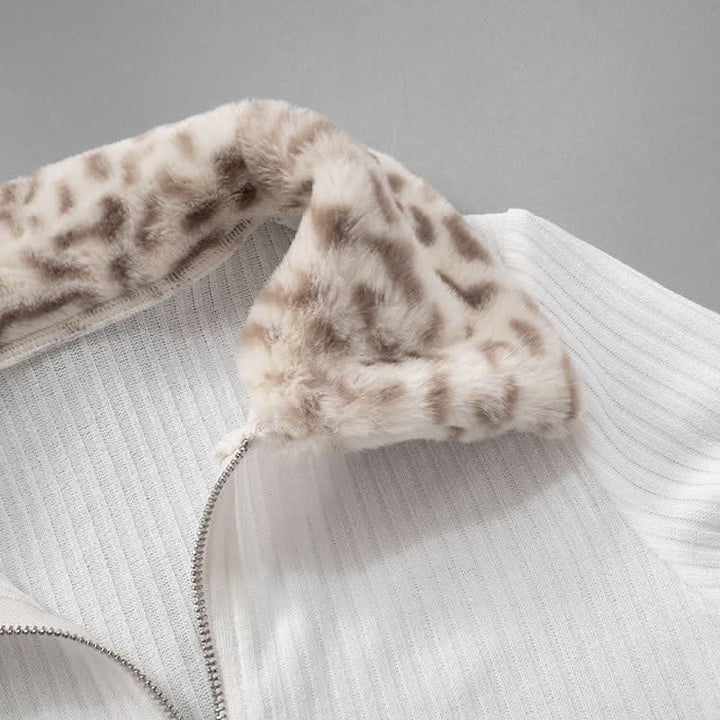 Zip-up long sleeve turnover collar leopard fluffy top  | Festival Outfits Women  | Cheetah Print Top