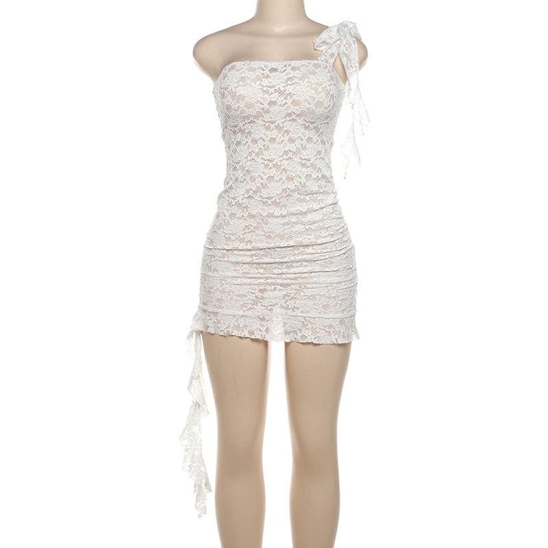 Lace see through one shoulder ruffle knotted ruched mini dress  | Festival Outfits Women-final-sale