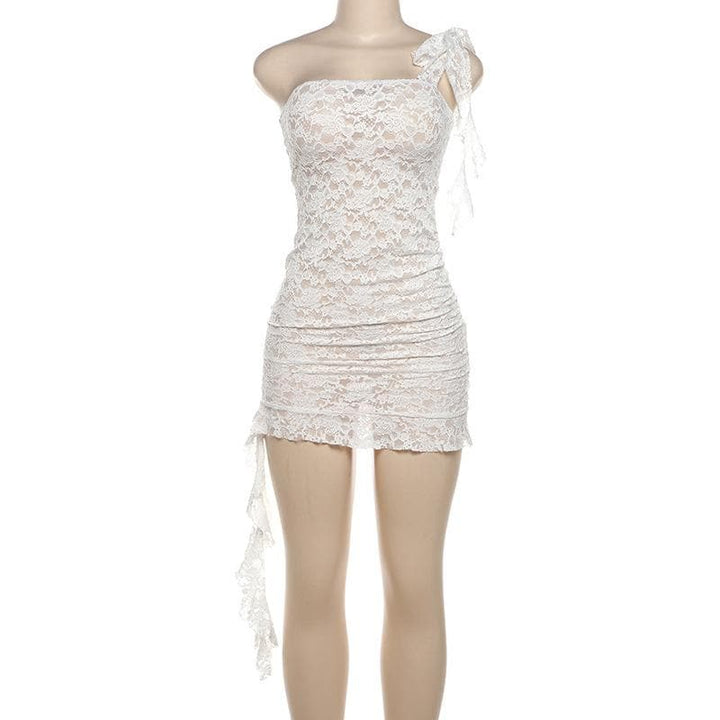 Lace see through one shoulder ruffle knotted ruched mini dress  | Festival Outfits Women-final-sale