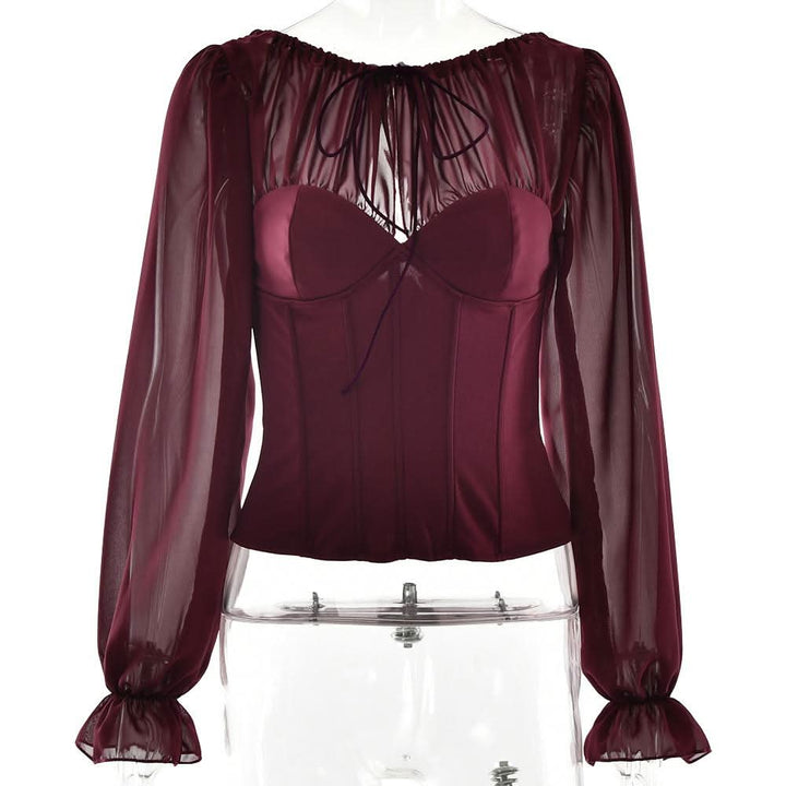 Long sleeve chiffon patchwork corset zip-up top  | Festival Outfits Women