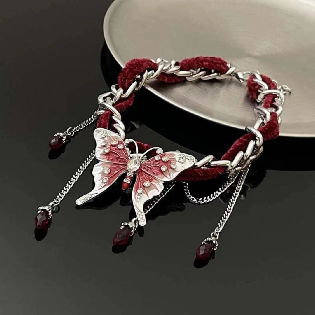 Red butterfly pendant fluffy choker necklace  | Festival Outfits Women