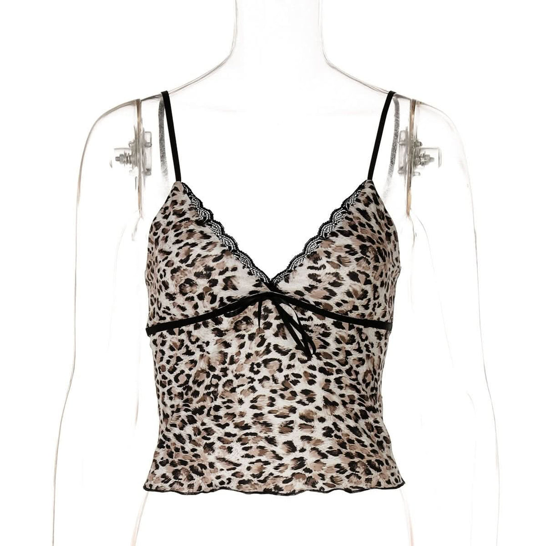 V neck bowknot leopard print cami top  | Festival Outfits Women  | Cheetah Print Top