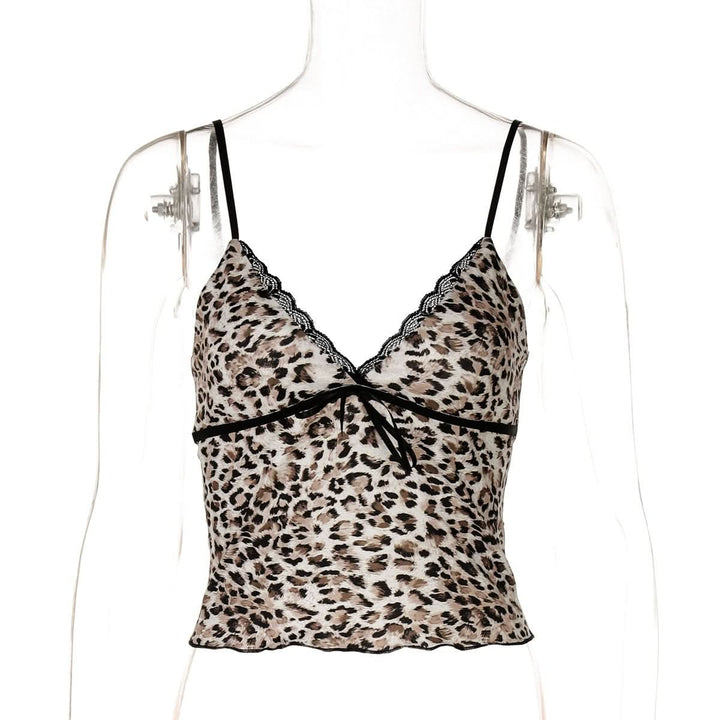 V neck bowknot leopard print cami top  | Festival Outfits Women  | Cheetah Print Top
