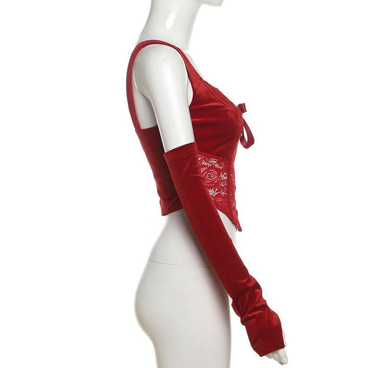 Gloves bowknot lace velvet patchwork cami top  | Festival Outfits Women